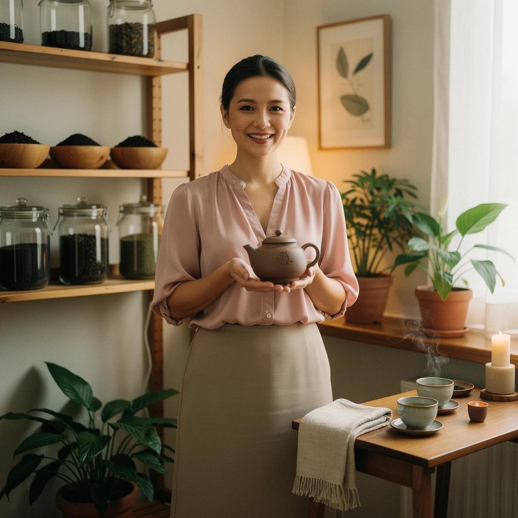 Asmuo geriantis arbatą jaukioje aplinkoje, perteikiantis gerovės ir atsipalaidavimo pojūtį.